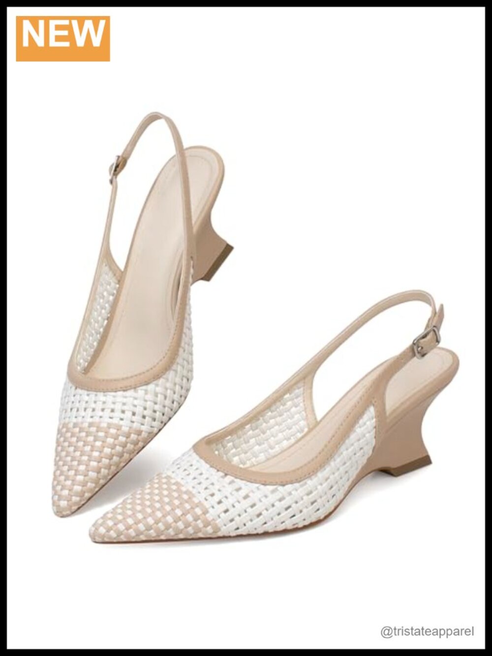 Woven Slingback Wedge Sandals Two-Tone Pointed Toe Heels